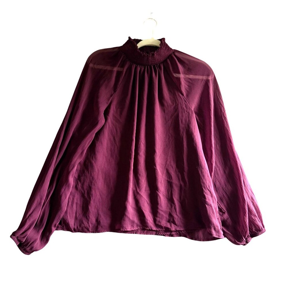 Joie Smocked Keyhole Blouse Top Women's Wine Purple Size Medium High Mock Neck